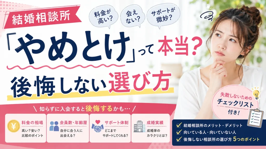 「結婚相談所はやめとけ」と言われる理由と失敗しない選び方を解説する記事のイメージ画像