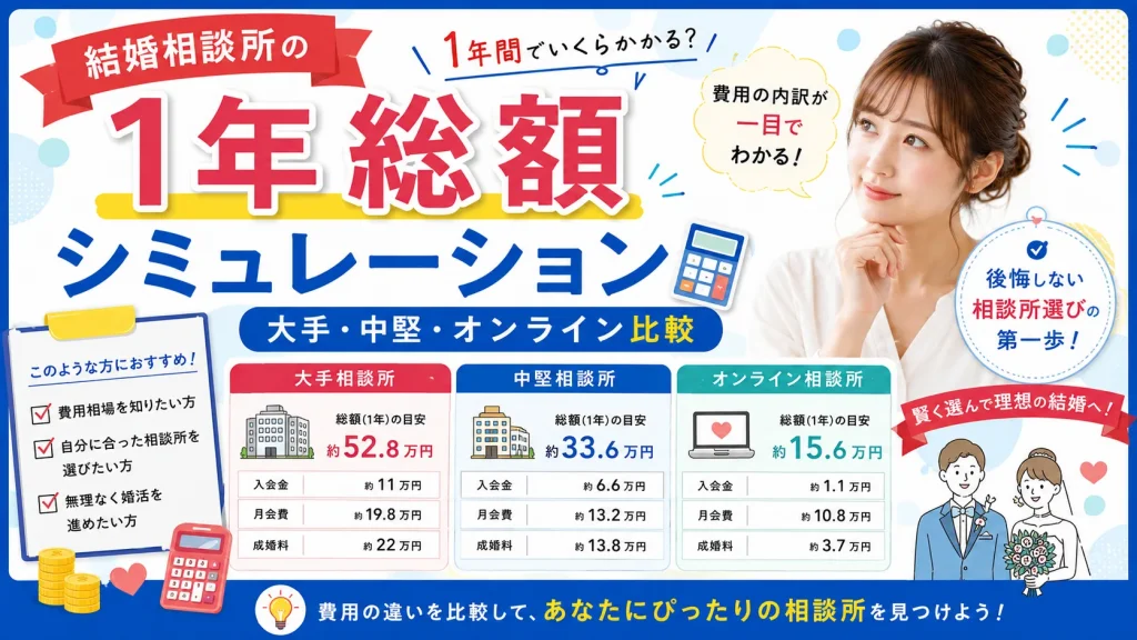 結婚相談所の1年間の総額を大手・中堅・オンラインで比べる記事のイメージ画像