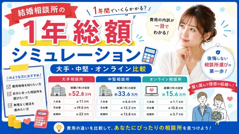結婚相談所の1年間の総額を大手・中堅・オンラインで比べる記事のイメージ画像